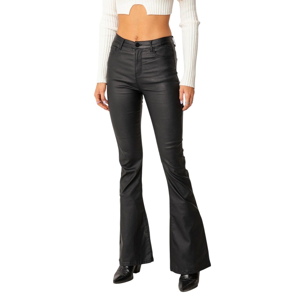 Edikted Luna Black Faux Leather Flare Pants High Rise‎ Stretch Vegan Leather M
